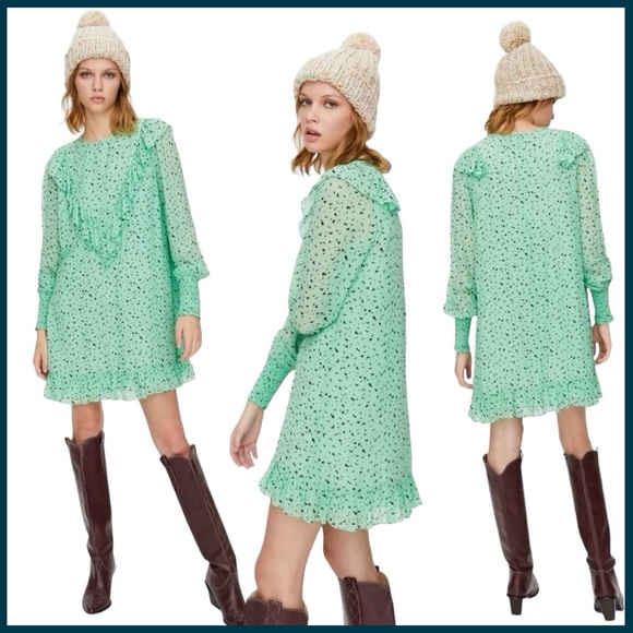 Aritzia Little Moon Mint Green/Black Pattern Long Sleeve Ruffle Dress (L) - Picture 1 of 16